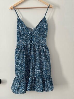 Blue Floral Button Front Mini Dress Spaghetti Strap Ruffle Hem Size Large